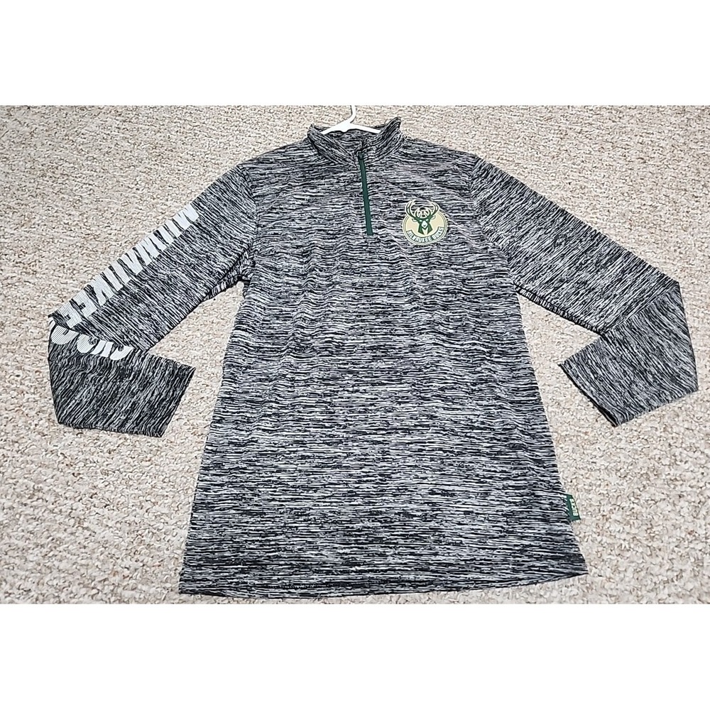 Milwaukee Bucks Pullover Small (36) Black Heathered NBA 1/4 Zip Long Sleeve Logo